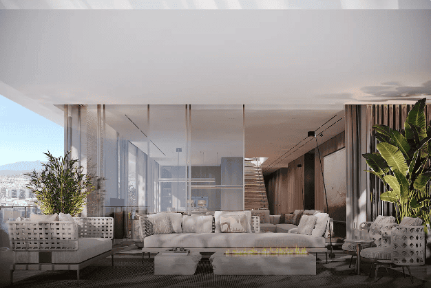 Luxurious modern living room at Tyrian Residences with stylish furniture and large windows.