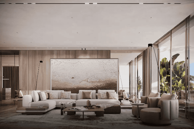 Elegant living room at Tyrian Residences with modern furniture and large windows.